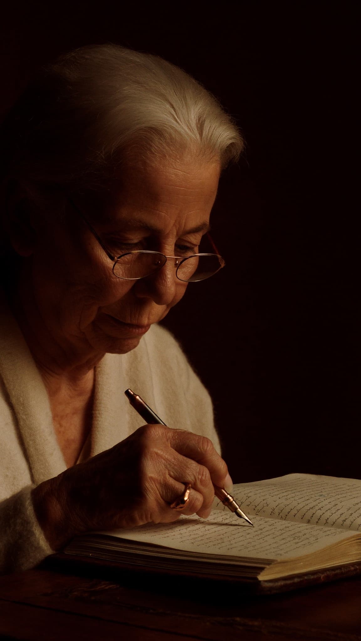 Abuela latina escribiendo en un diario de cuero junto a una ventana, retrato íntimo