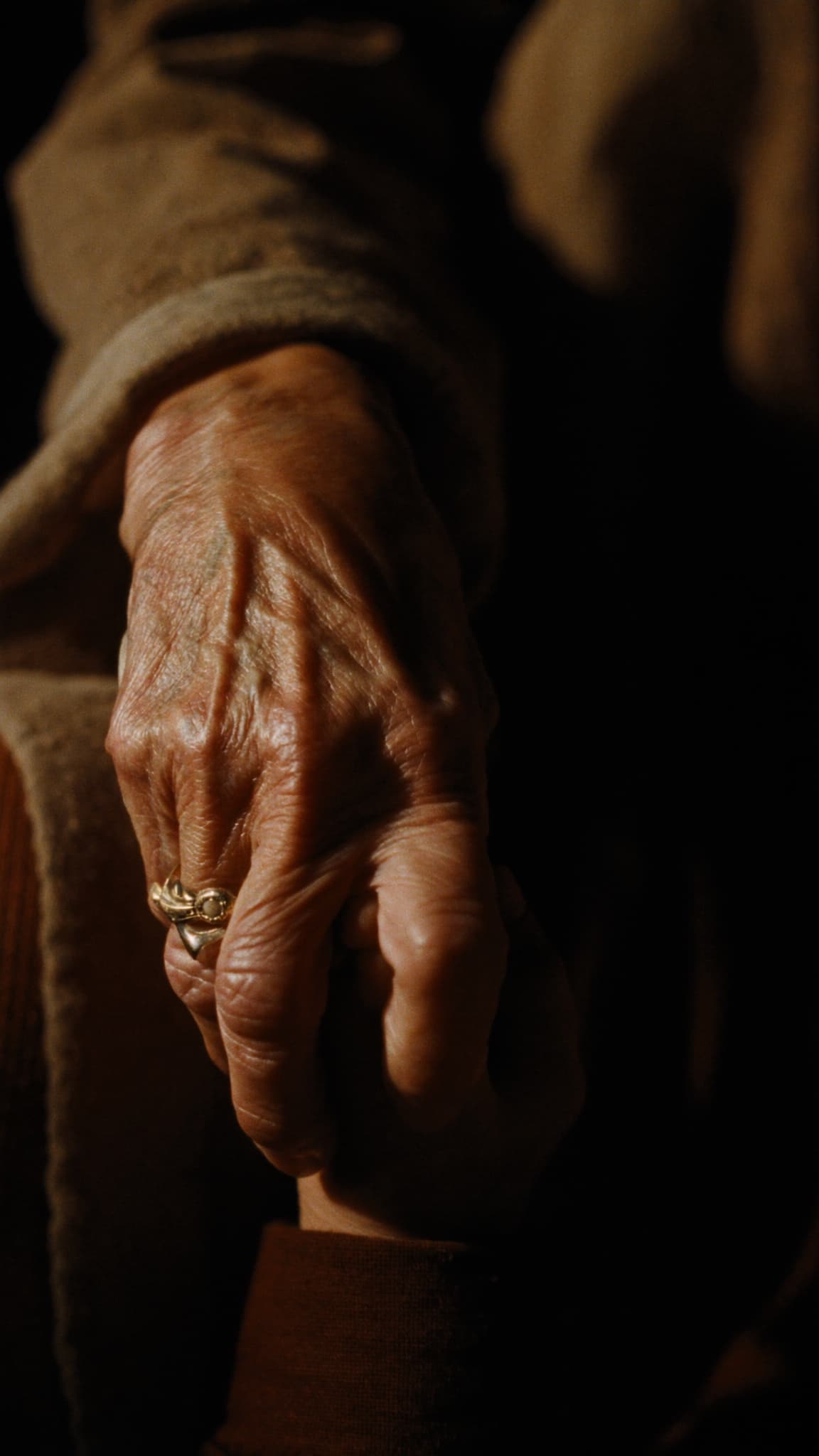 Mano arrugada de abuela latina sosteniendo la mano de un niño, macro fotografía íntima